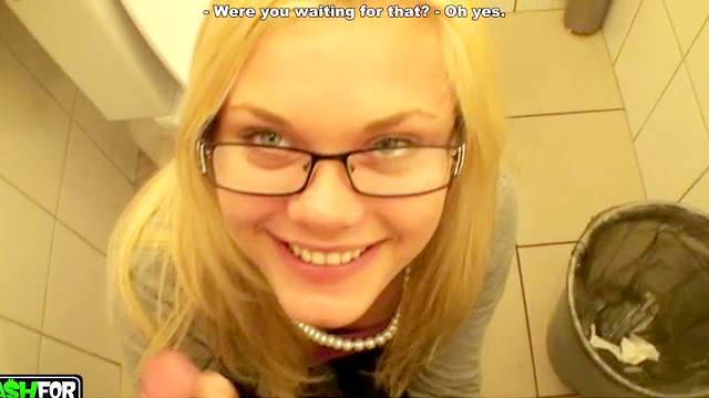 Amateur, Bathroom, Big dick, Blonde, Blowjob, Cumshot, Glasses, Public, Small tits, Teen (18+), Uniform