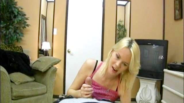 Blonde is giving a sloppy blowjob with pleasure
