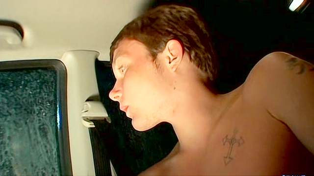 Gay brunette is wanking in the car