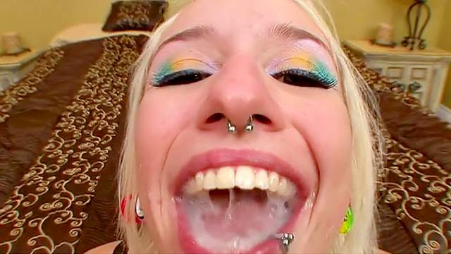 Pierced blonde Proxy Paige swallows sperm