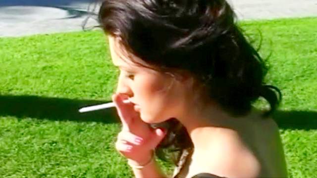 Brunette, Cigarette, Fetish, Masturbation, Natural tits, Smoking, Solo, Stockings, Trimmed pussy