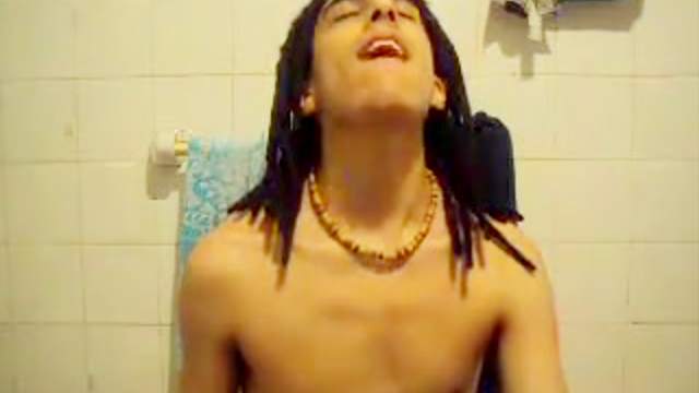 Brunette dude masturbating in his bathroom