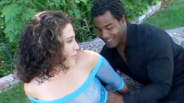 Black dude blasts chubby girl's white pussy outdoors