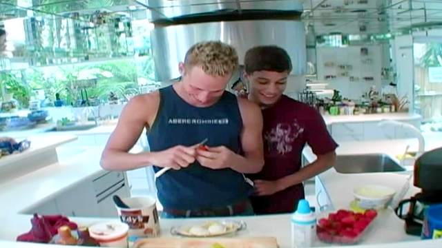 Blonde gay and his friend get naughty with food