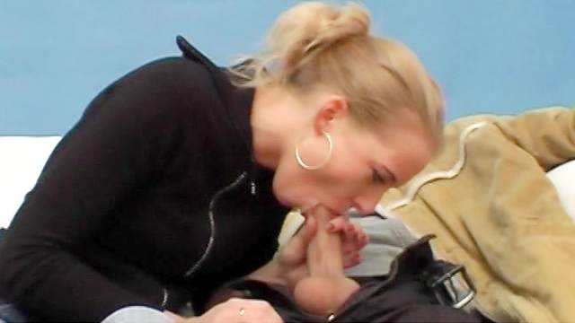 Blonde with pigtail is sucking a cock for cash