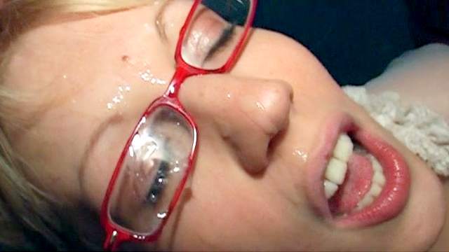 Sweet blonde in glasses and three dicks