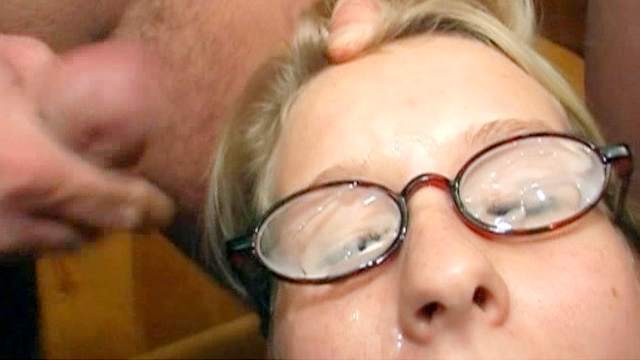 Homemade bukkake with sexy blonde in glasses