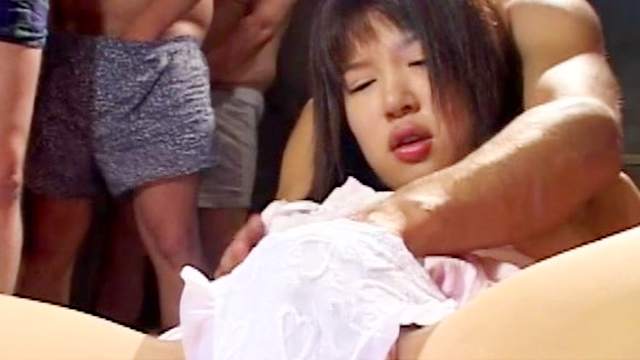 Wild gang bang action with cute Asian schoolgirl