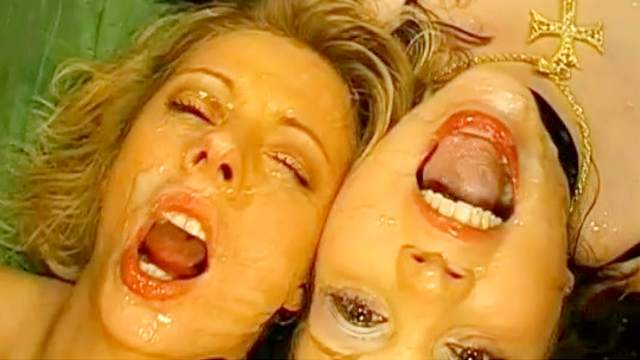 Blonde, Brunette, Bukkake, Covered, Cum in mouth, Cum swapping, Gangbang, Kissing girls, Natural tits, Stockings