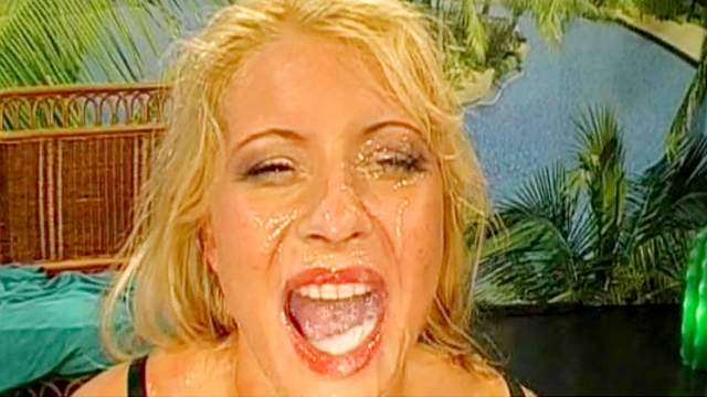 Bukkake facial scene for a blonde bitch in sexy lingerie