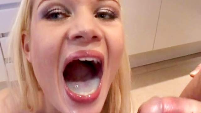 Blonde babe Melanie swallows old man's cum after hot sex