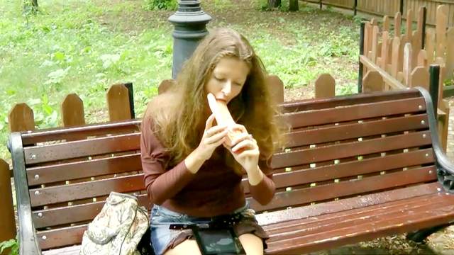 Public self-fucking with skinny young brunette