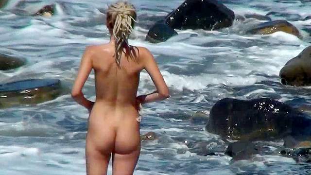 Sexy babes are walking naked on the beach