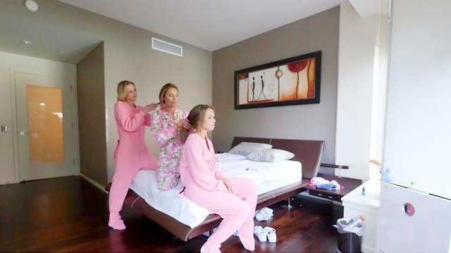 Pajama party ending with heavy fucking for each girl