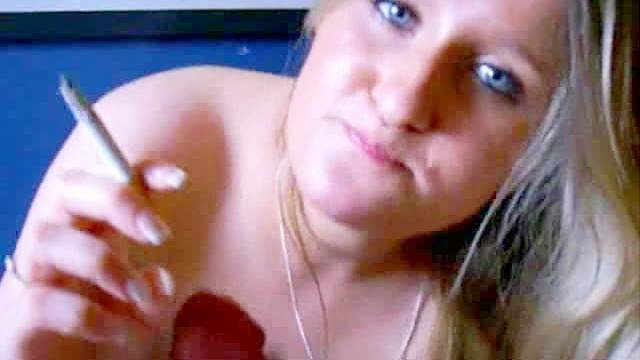 Blue eyed girl smokes and sucks cock