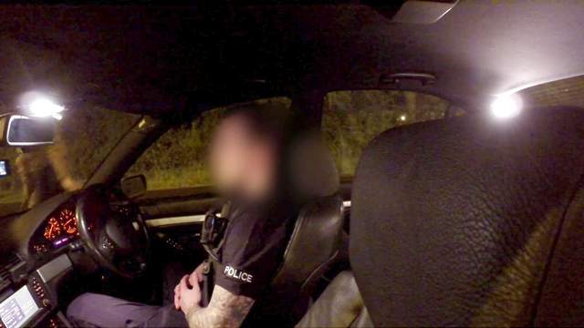 Shaved pussy brunette gets standing sex with police officer
