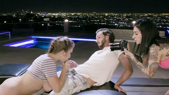 Joanna Angel takes pics while Lena Paul enjoys rooftop sex