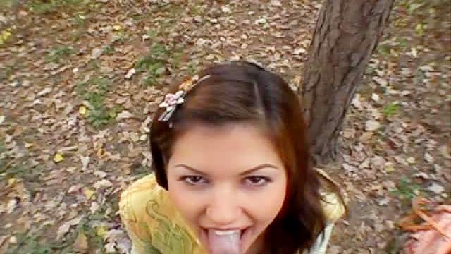 Girl happy to swallow in the woods