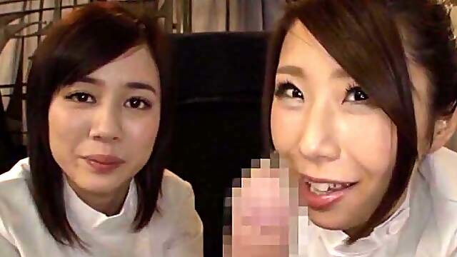 Clothed Japanese nurses are set for a harsh threesome