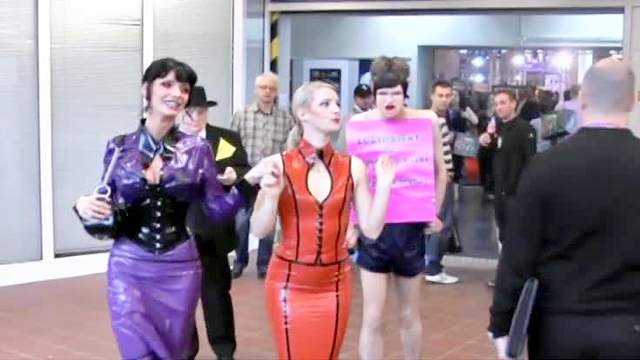 Fat guy dressed as a girl brutally tortured by two dominas