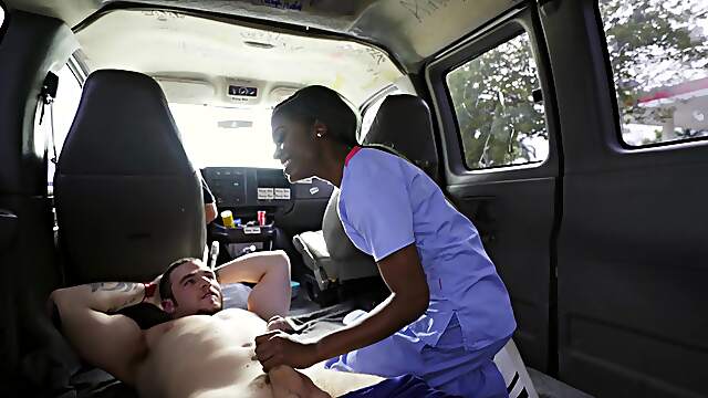 Special treat in the bang bus for hot ebony nurs