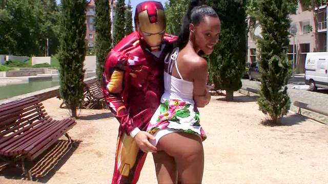 Iron Man costume on dude banging her hard