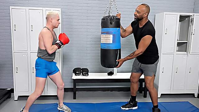 Nude gay male tries black inches during gym practice