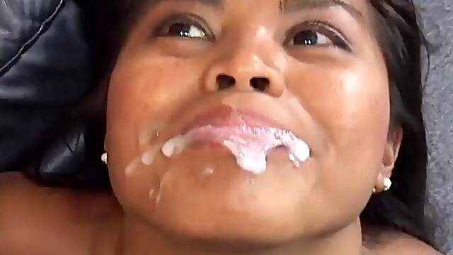 Ebony gags with the wet dick after having her pussy hammered