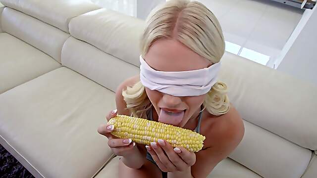 Blind folded blonde takes the big tool in both her juicy holes