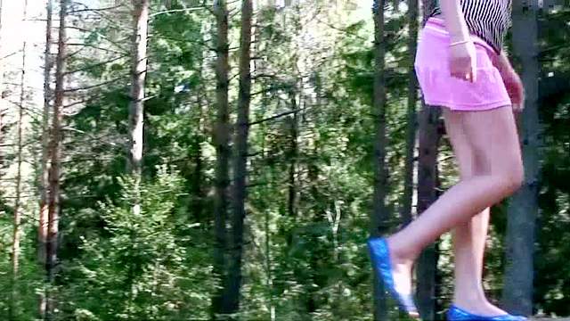 Tube top and skirt slut pisses in woods