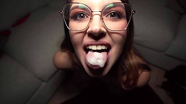 Nerdy young babe rides dick and swallows sperm like a pro