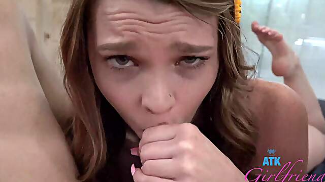 Redhead sucks dick naked and pumps some in the pussy for a full POV