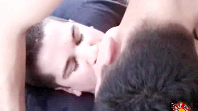 Cumshot on tattooed gay cocksucker