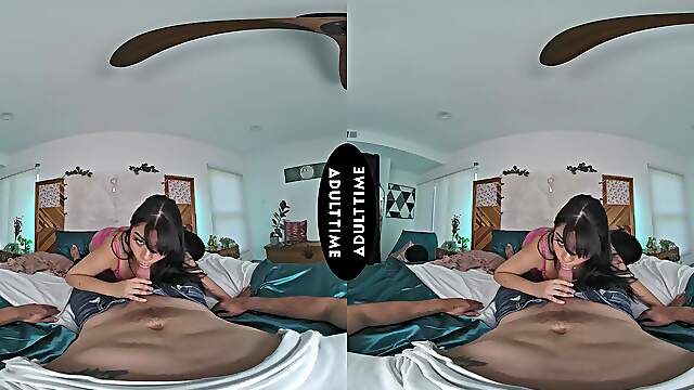 Summer Col enjoys riding cock in vr with stunning brunette Dante Colle