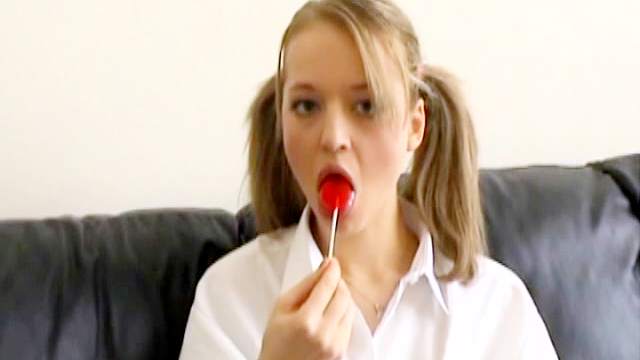 Skinny schoolgirl in pigtails toy fucks pussy