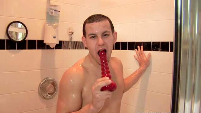 Gay masturbation and dildo sex in shower