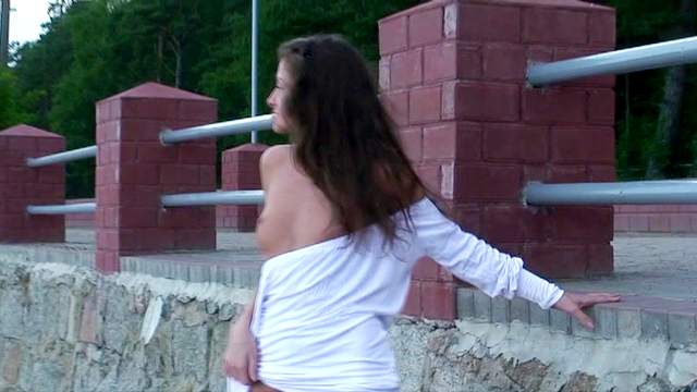 Public nudity of long legged brunette teen