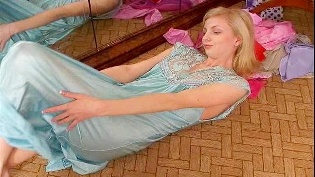 Teen tries on long sexy nightgown