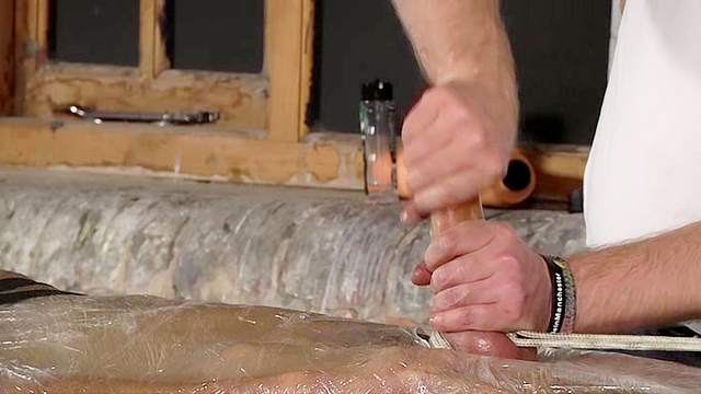 Handjob for bound boy in plastic wrap