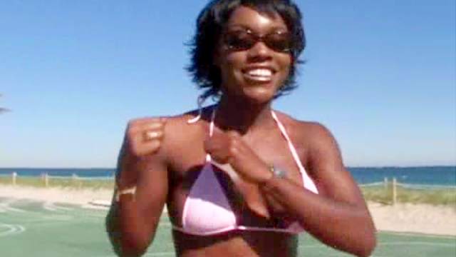 Black chick in tiny bikini interracial foreplay