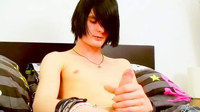Black haired emo boy jacks off his dick