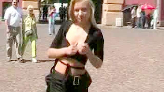 Hot blonde flashes tits and pussy in public