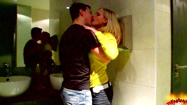 Pretty cutie is making blowjob in the public toilet