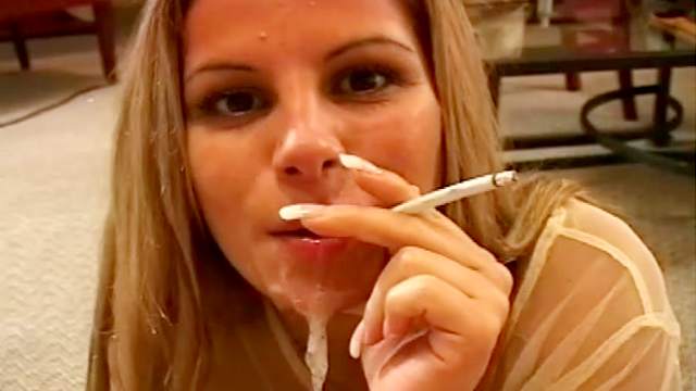 Sexy smoking cutie gets sperm in her mouth