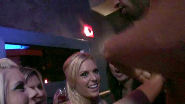 Sexy blonde Jamey Janes is making blowjob at the club party