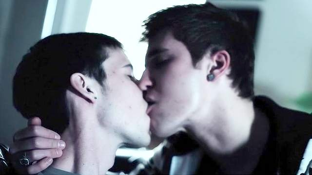 Two sexy gay brunettes are kissing each other